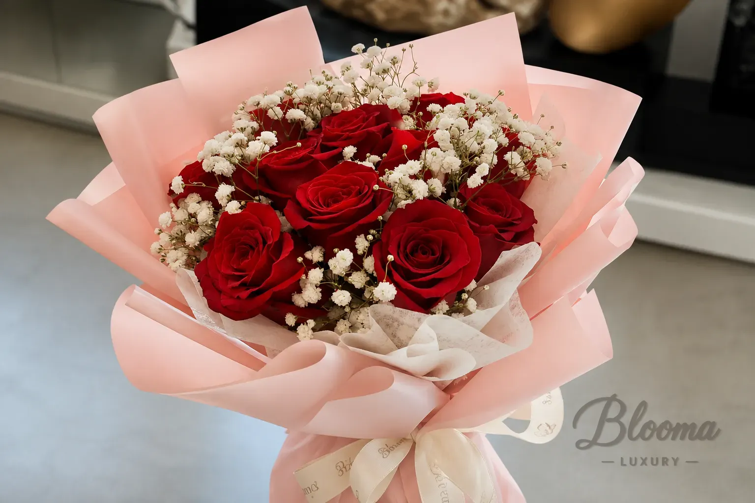 Roses Bouquet 9 - Blush Scarlet Red Rose Bouquet – 9 Roses