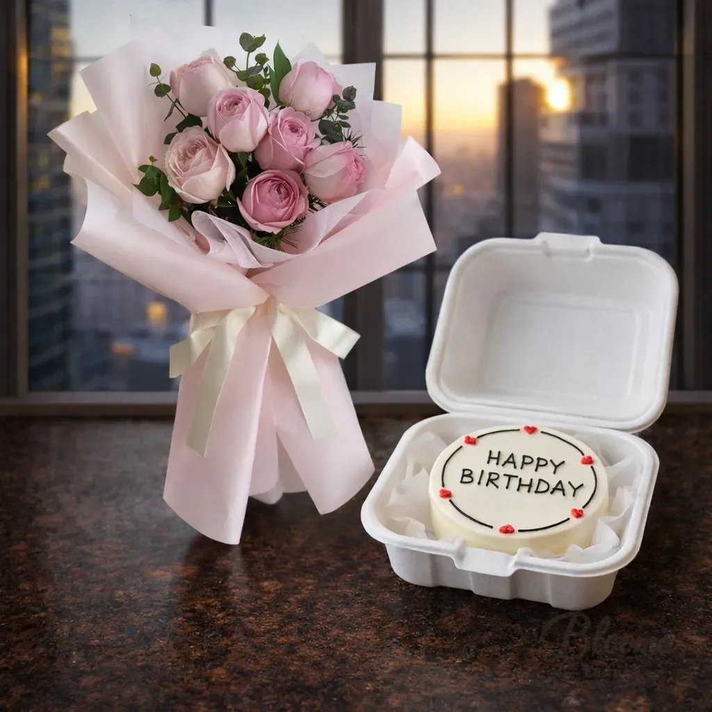 Pink Roses & Mini Birthday Cake Gift Combo-Combo No.69