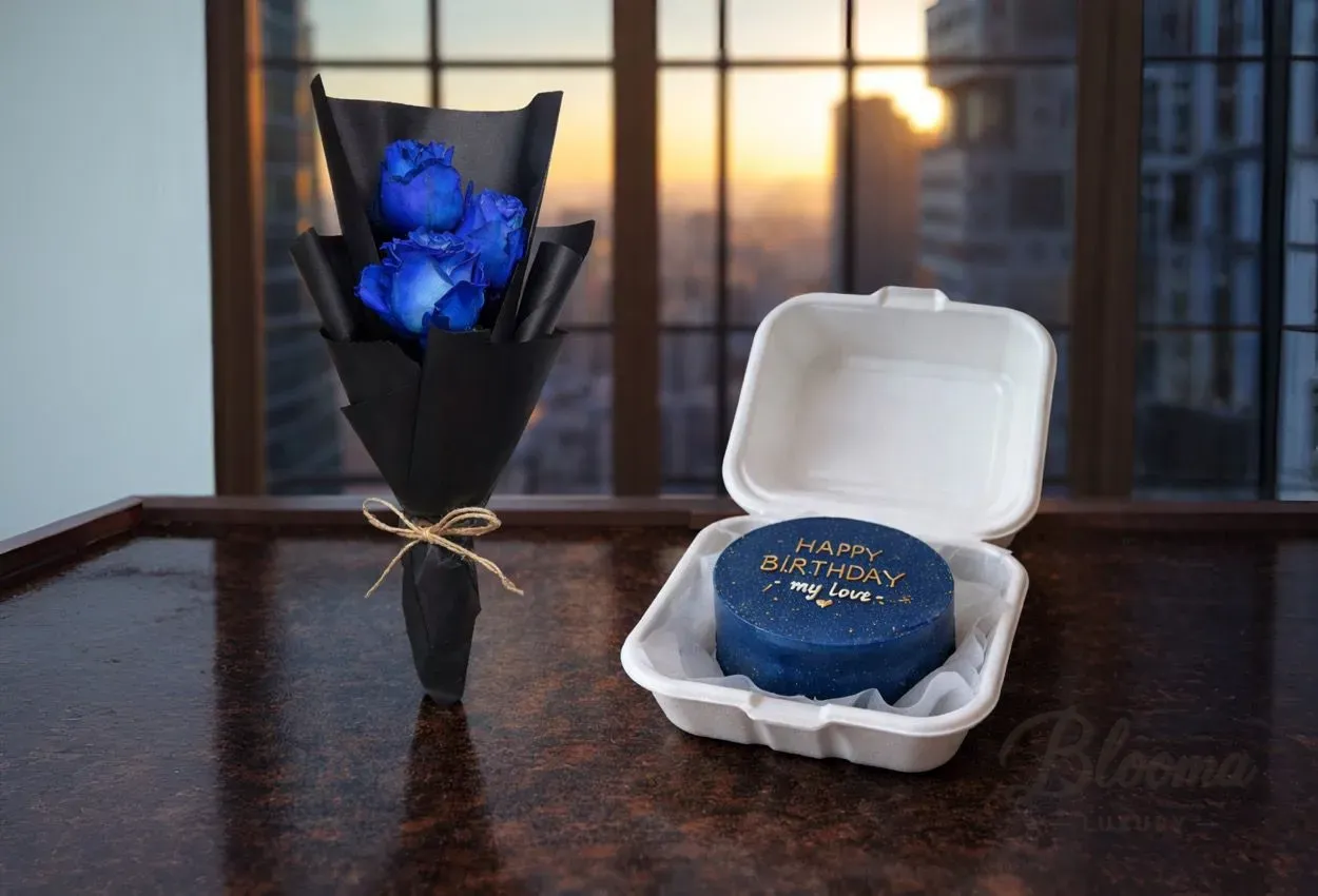 Blue Roses & Mini Cake Gift Combo