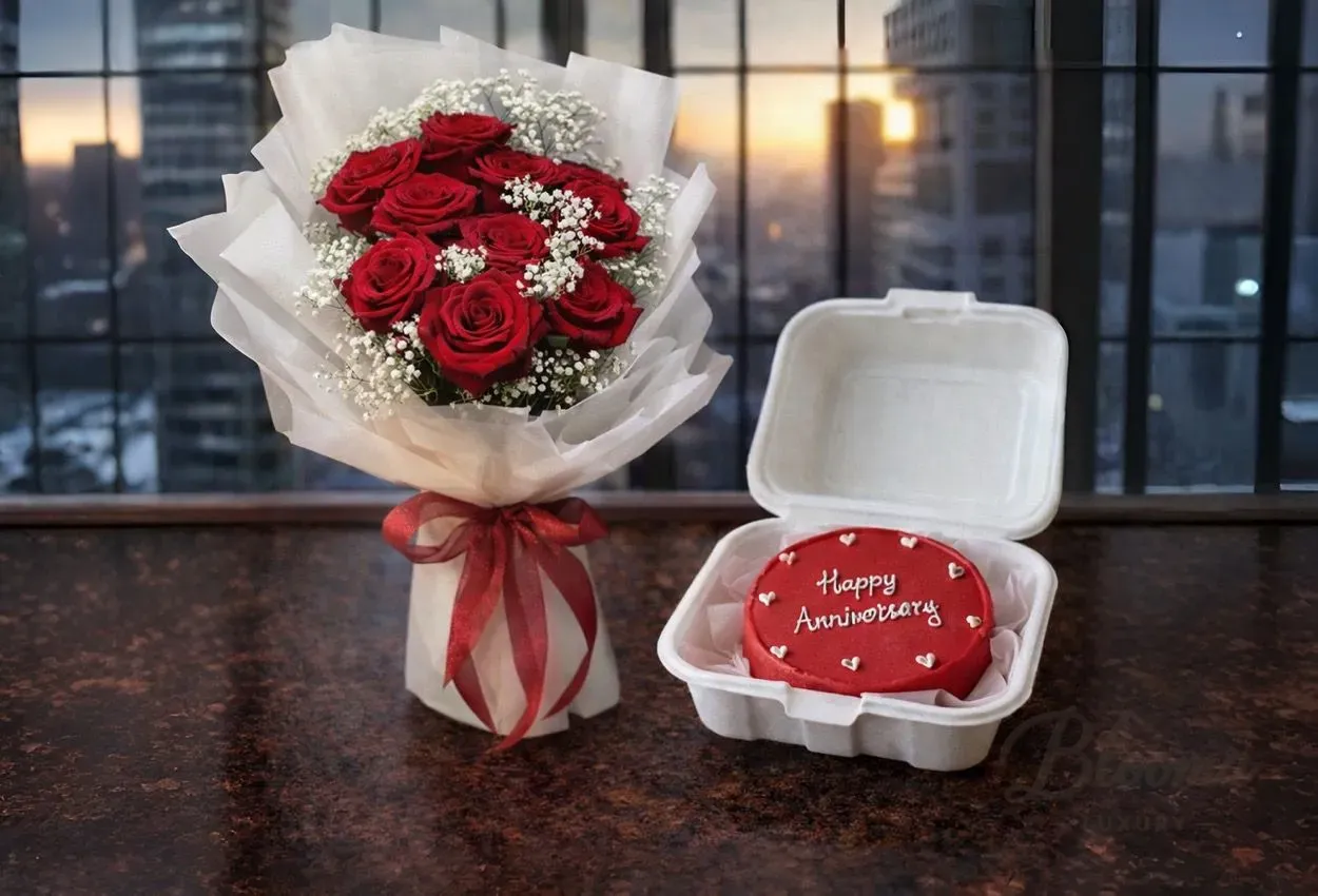 Happy Anniversary Cake & Red Roses Gift Combo-Combo 123