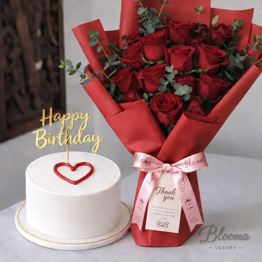 Elegant Birthday Combo – Love Cake & Red Roses Bouquet