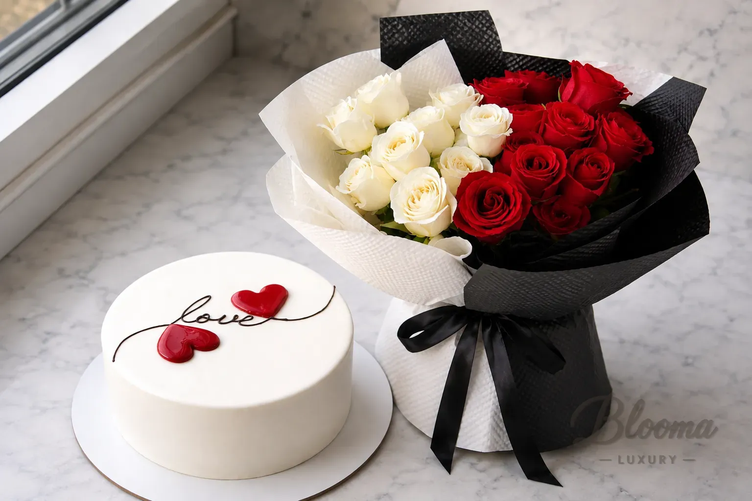Love Hearts Cake with Red and White Roses Combo