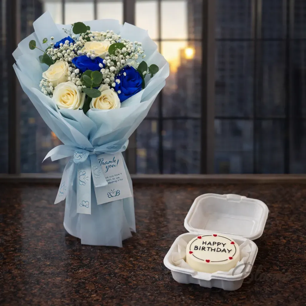 Blue & White Roses with Mini Birthday Cake-Combo No.23