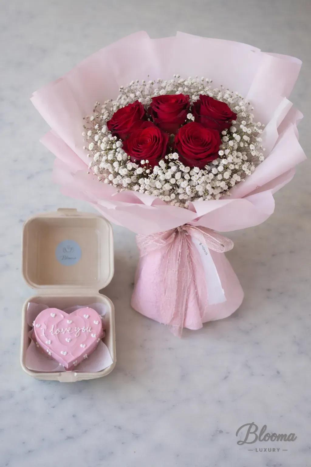 Combo No 132 Love Heart Bento Cake & 5 Red Roses Combo