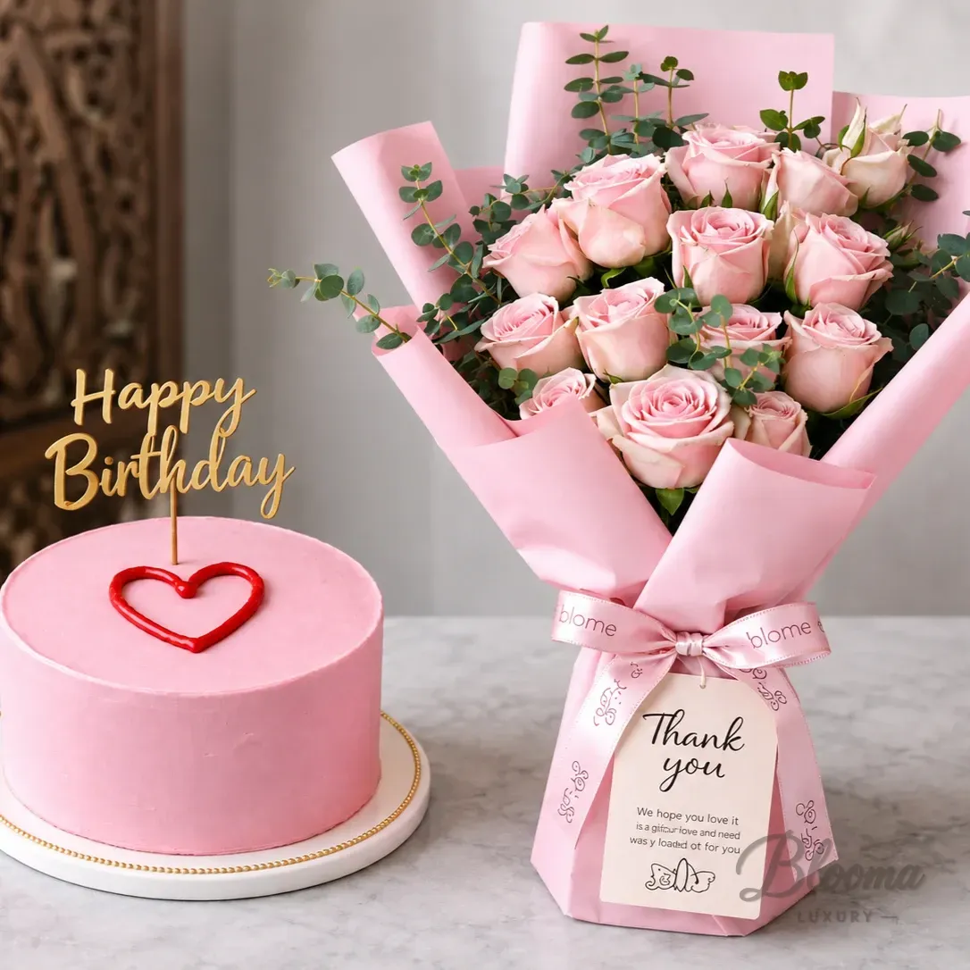 Elegant Birthday Combo – Cake & Pink Roses Bouquet