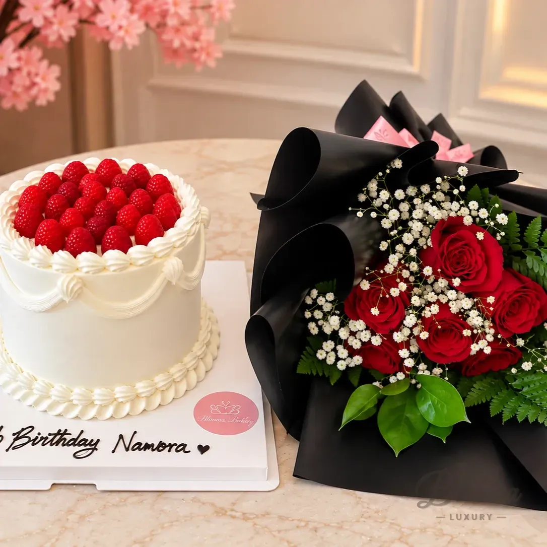 Anniversary Raspberry Cake & Red Roses Gift Combo