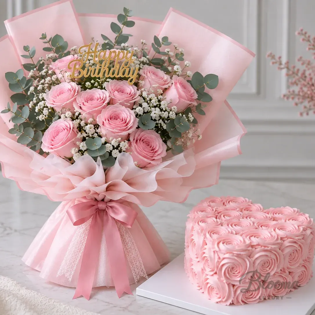 Rosy Delight Combo- Rosie Delight Heart Cake & Flowers Com