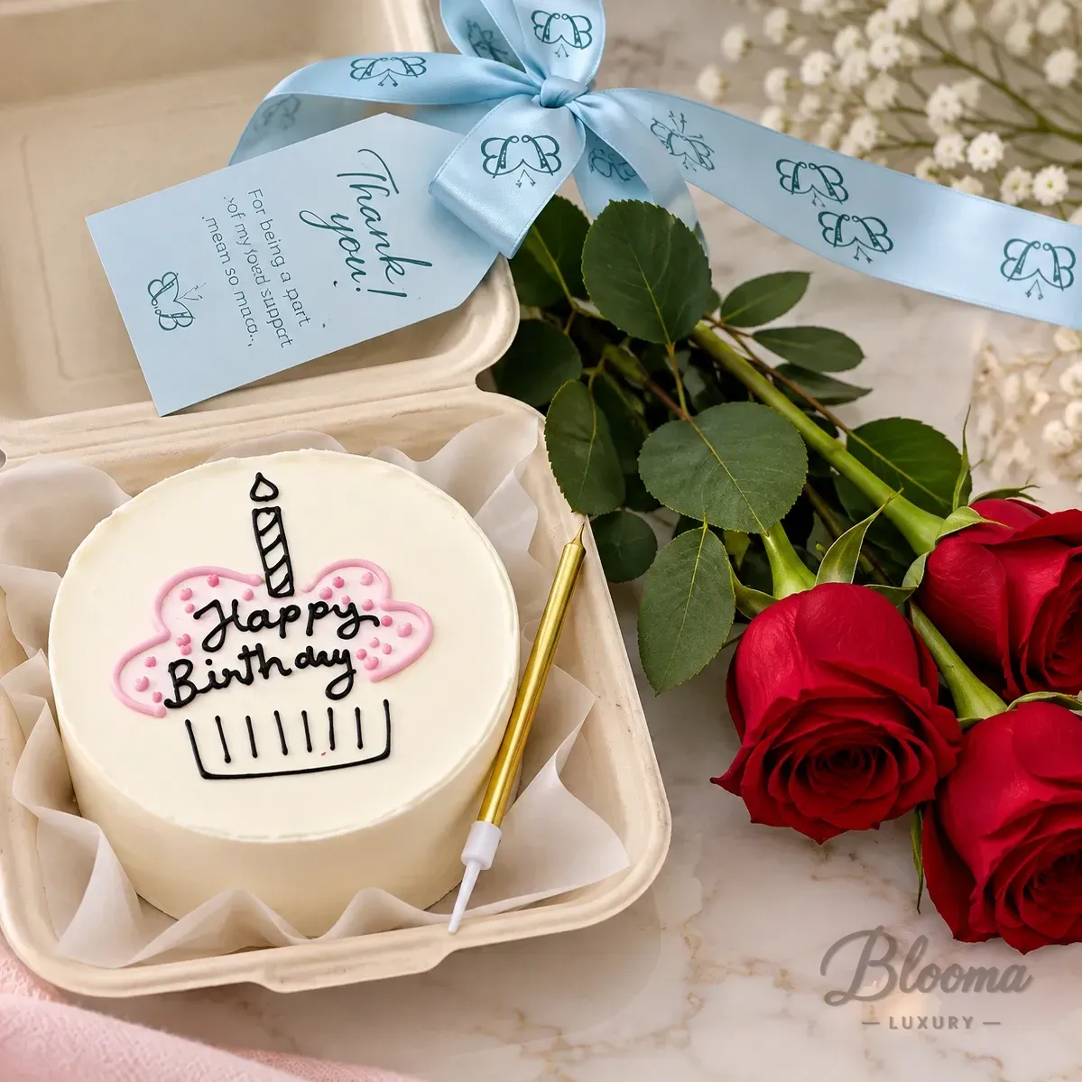 Combo No 5 - Birthday Bento Cake & 3 Red Roses Combo