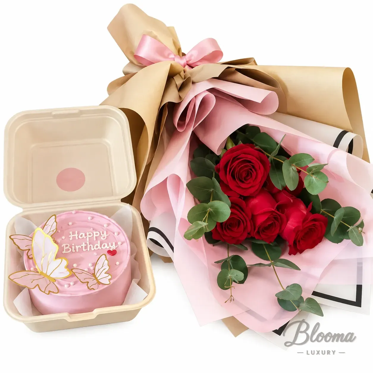 Pink Butterfly Mini Cake & Red Roses Combo