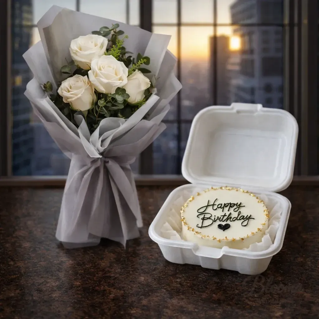 White Roses & Mini Birthday Lunch Cake Gift Combo – Serves 1–2